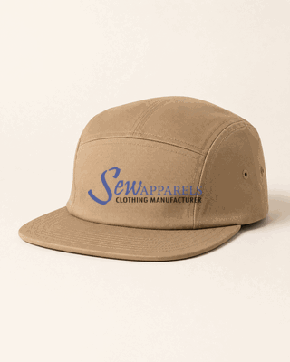 Tan five-panel cap with a flat visor and front panel