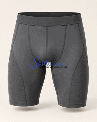 Grey compression shorts with a wide waistband and shaped seams