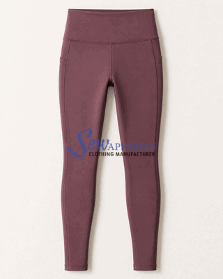 Mauve sports leggings with a wide waistband and full-length legs