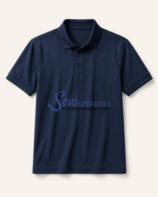 Navy short-sleeve polo shirt for a corporate uniform program
