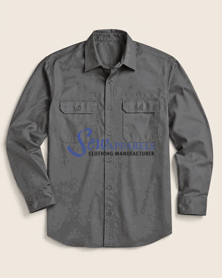Grey long-sleeve woven work shirt with chest pockets