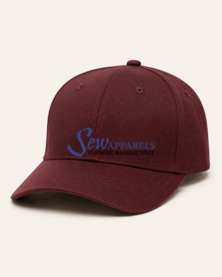 Burgundy baseball cap with a curved visor and Sew Apparels branding