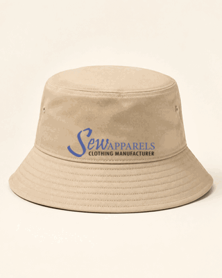 Beige bucket hat with a stitched brim and Sew Apparels branding