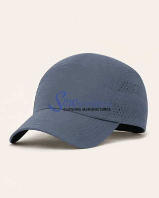 Blue performance cap with perforated side panels and a curved visor