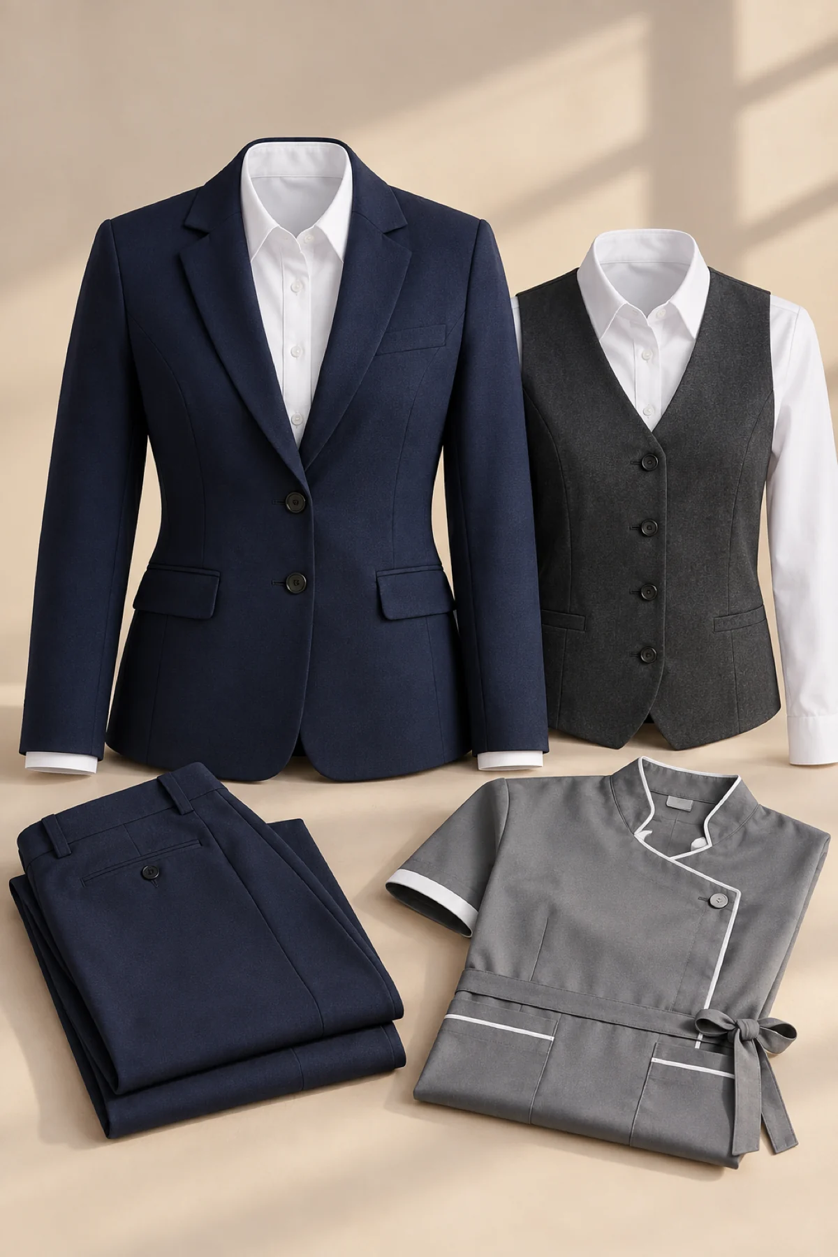Coordinated hotel staff uniform assortment, related to spa staff clothing