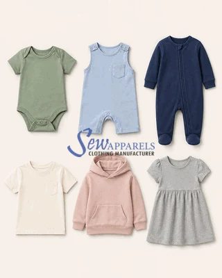 Baby and kidswear collection including bodysuits, rompers and children clothing